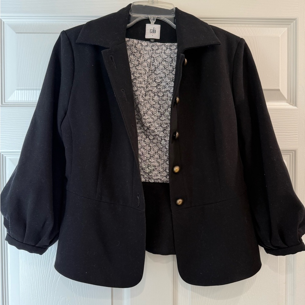 Abbott Cabi #3027 Jacket Blazer Black, Brass Button, Balloon Sleeve, Cropped